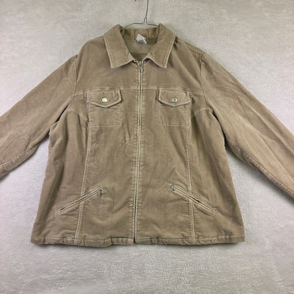 LL Bean Corduroy Jacket Womens XL Tan Beige Full Zip Wide Wale Cotton Blend Coat
